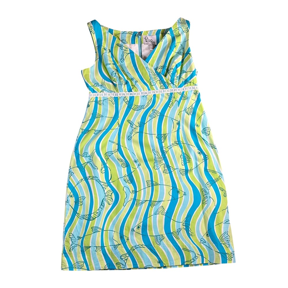 Lilly Pulitzer Women's Green/Blue Lined V-Neck‎ Fish Print Dress Size 8